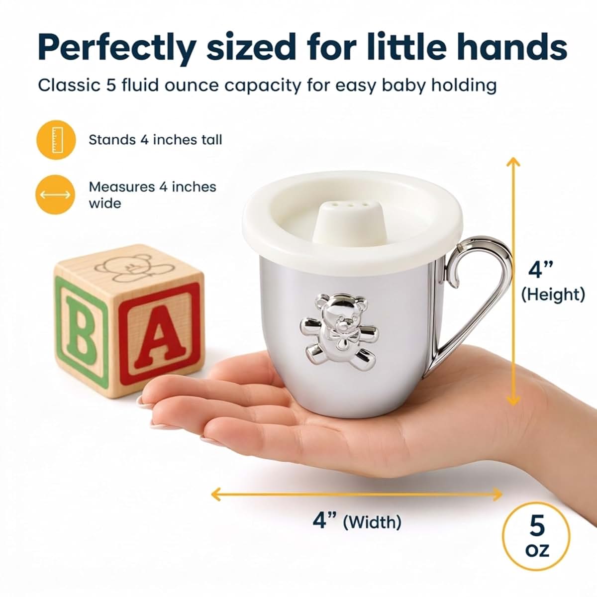 Creative Gifts International Baby's First Sippy Cup with a Teddy Bear Emblem | Silverplated 5 Oz | Handle & Sippy Lid (photo 2)