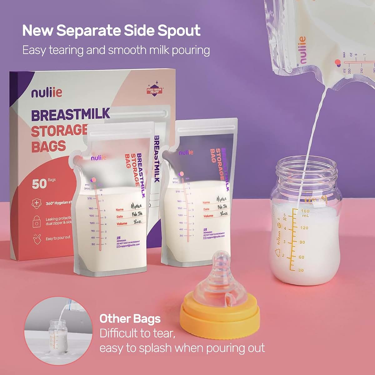 Nuliie 50-Pack 8 oz Breastmilk Storage Bags with Pour Spout, Self-Standing