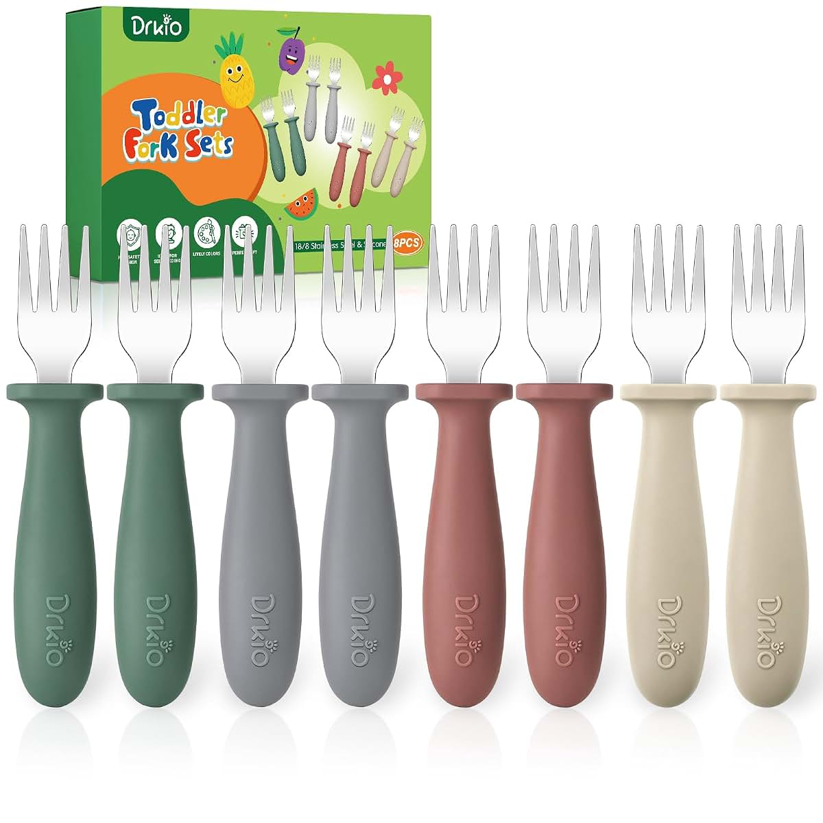 DRKIO 8 Pcs Toddler Forks Set With Silicone Handle