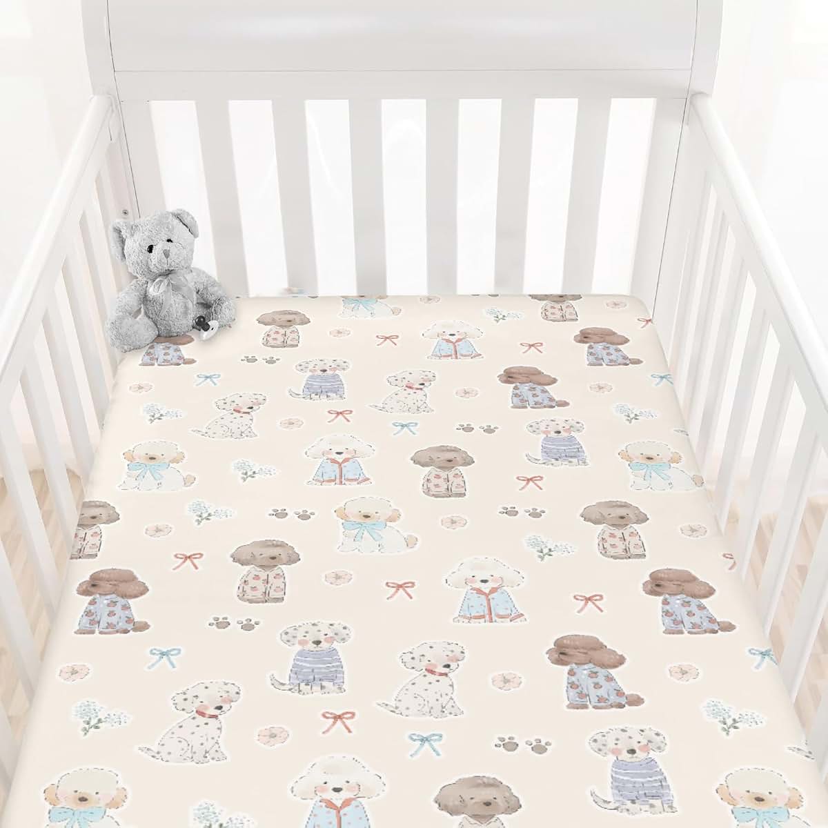 Cstdyfrv Cute Dogs Paws Bows Crib Sheet Puppy Pattern Polyester (photo 2)