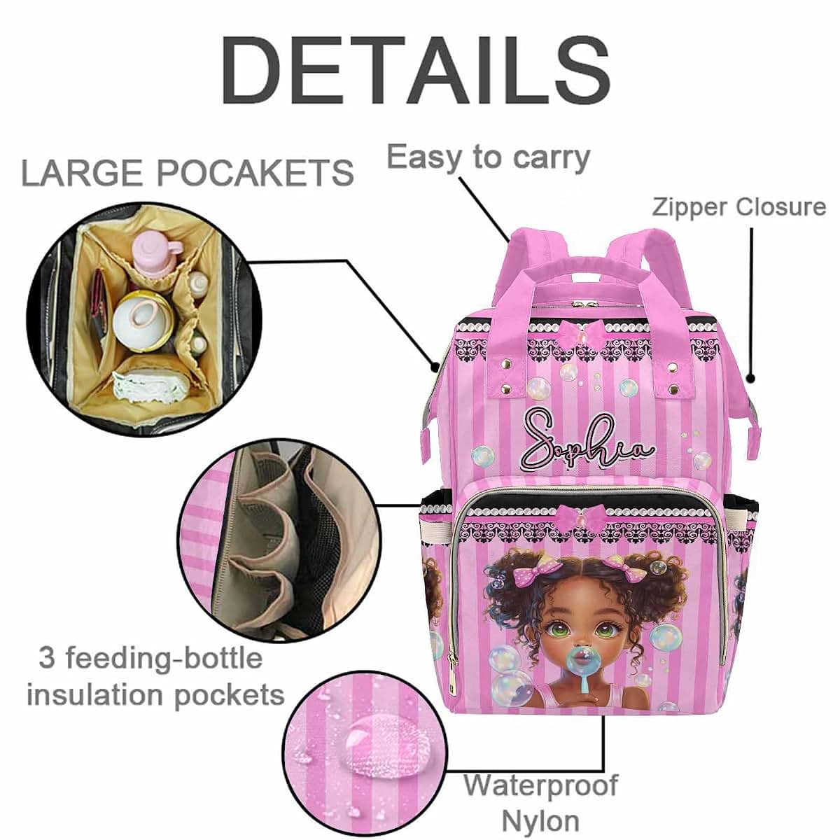 VIPOPSA Personalized Diaper Bags with Adjustable Shoulder Straps,Colorful Little Princess Pink Custom Baby Bag (photo 3)