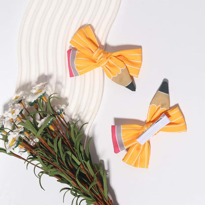 Yellow Pencil Design Back to School Hair Bow Clips