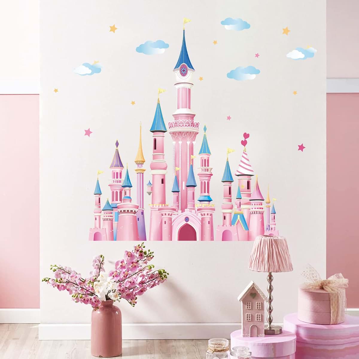 wondever Pink Castle Wall Decals Fairy Tale Peel and Stick Wall Stickers