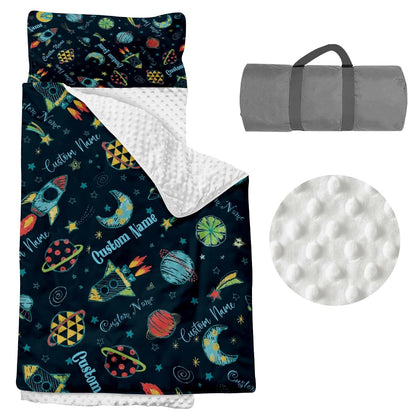 Kryvoxc Personalized Space Adventure Toddler Nap Mat with Pillow and Blanket