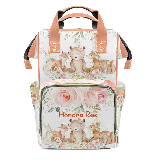 Joyestore Personalized Woodland Animals Pastel Blush Floral Custom Mom Bag with Name,Dad and Mom Diaper Backpack