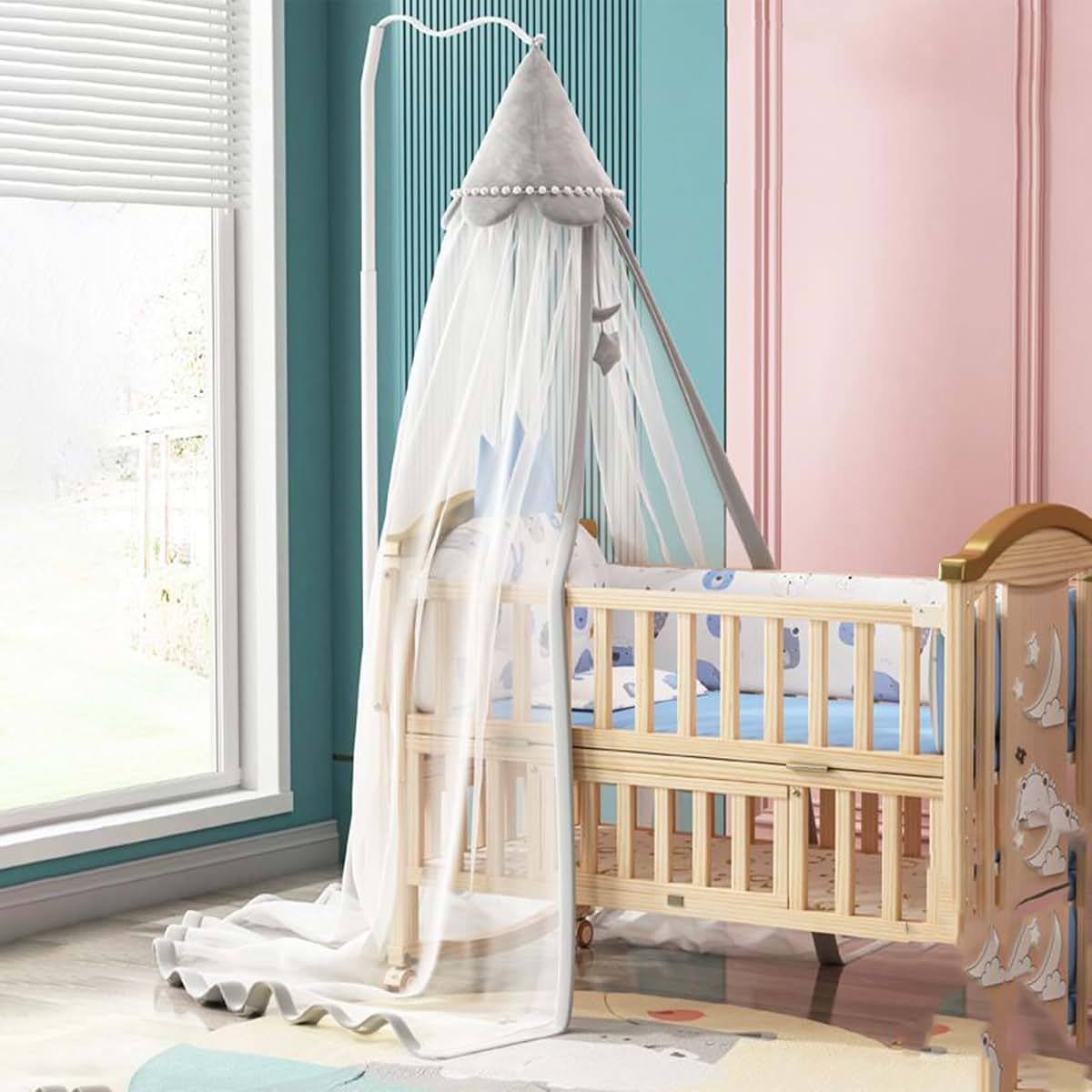 Peosaard Crib Net, Crib Canopy Hanging Fine Mesh Dome-Shape Crib Net to Keep Baby in with Door Flaps & Floor-Hugging