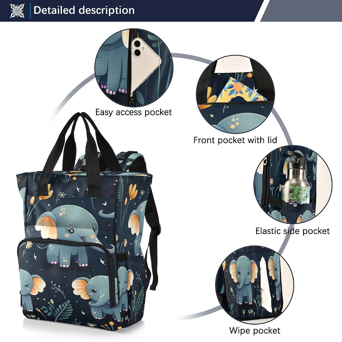LINNIKEEEE Cartoon Cute Elephants Diaper Bag Travel Backpack Large Capacity Tote Mom Bags for Dad Women Girls (photo 2)