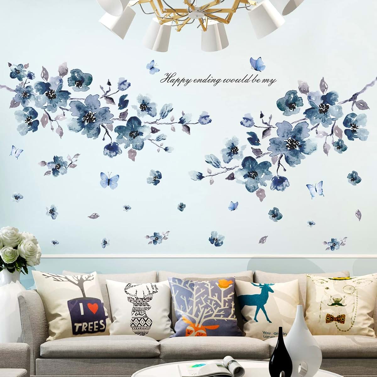 DTLIFEK Removable Blue Peach Flowers Wall Decals And Butterfly Wall Stickers