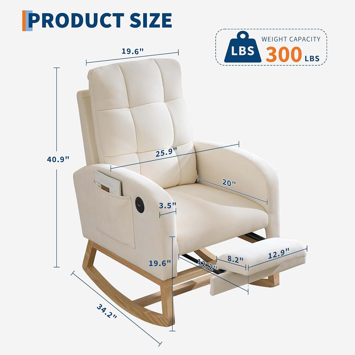 IDEALHOUSE Nursery Rocking Recliner Chair with Footrest & USB Port, Upholstered Mid-Century Glider Rocker with High (photo 2)
