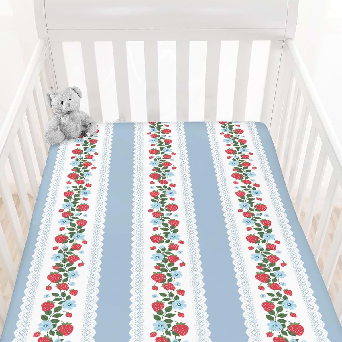 Cstdyfrv Vintage Strawberry Boho Flowers Striped Fitted Crib Sheet (photo 2)