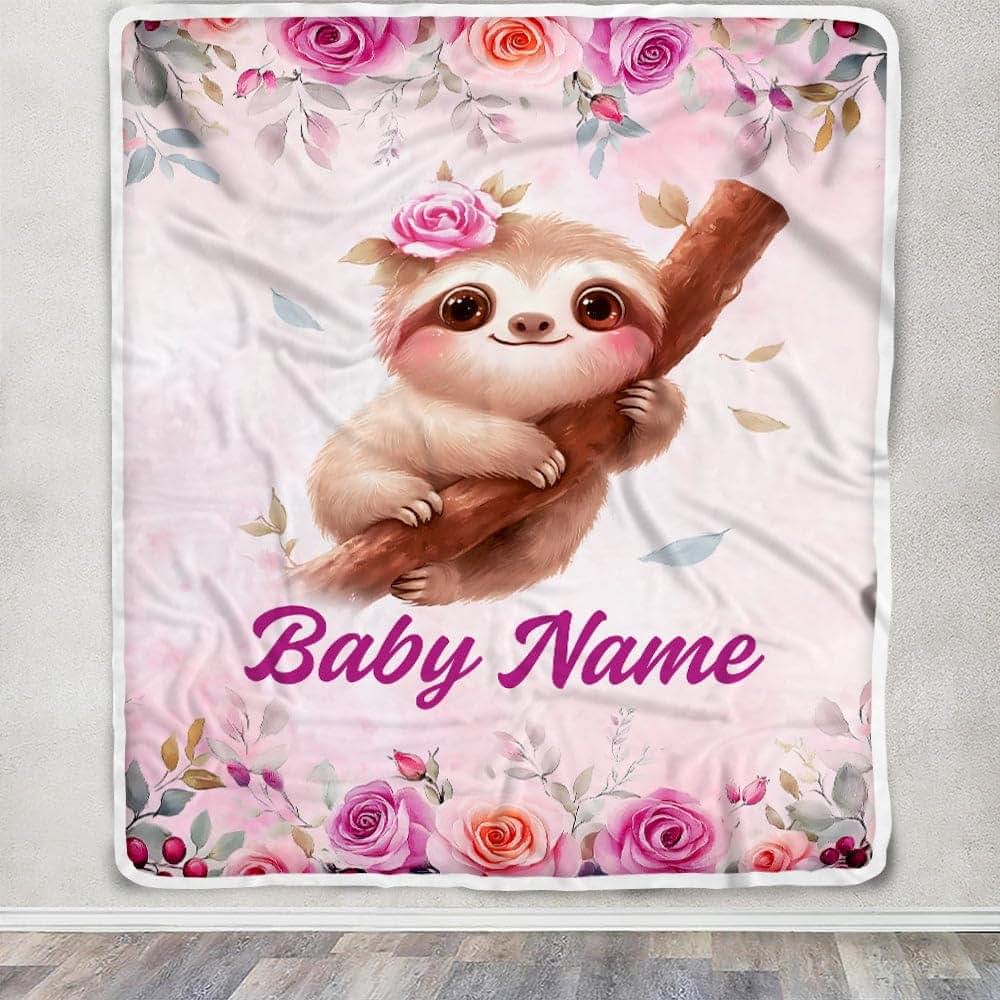 TeesNow Personalized Sloth Baby Blanket for Girls Custom Name Pink Flowers Watercolor Bedding Gift for Babies Shower (photo 3)