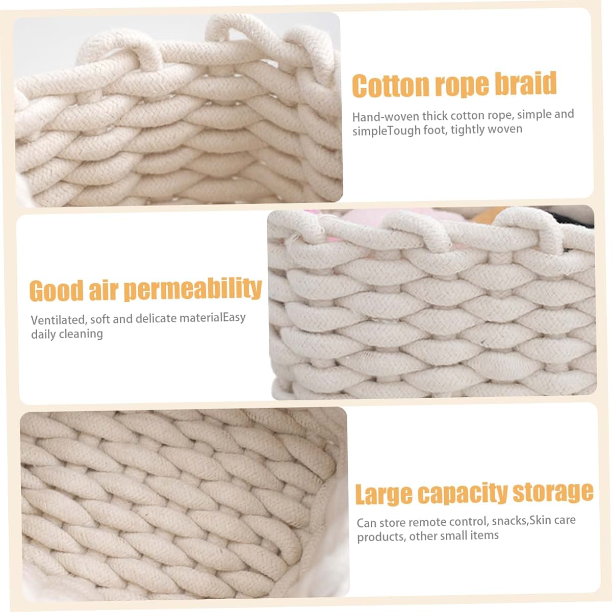 BabyOneStop Cotton Rope Storage Basket Set of 2, 7.5x5.9x4.7 Inches, White Braided Woven Baskets for Toys and Snacks
