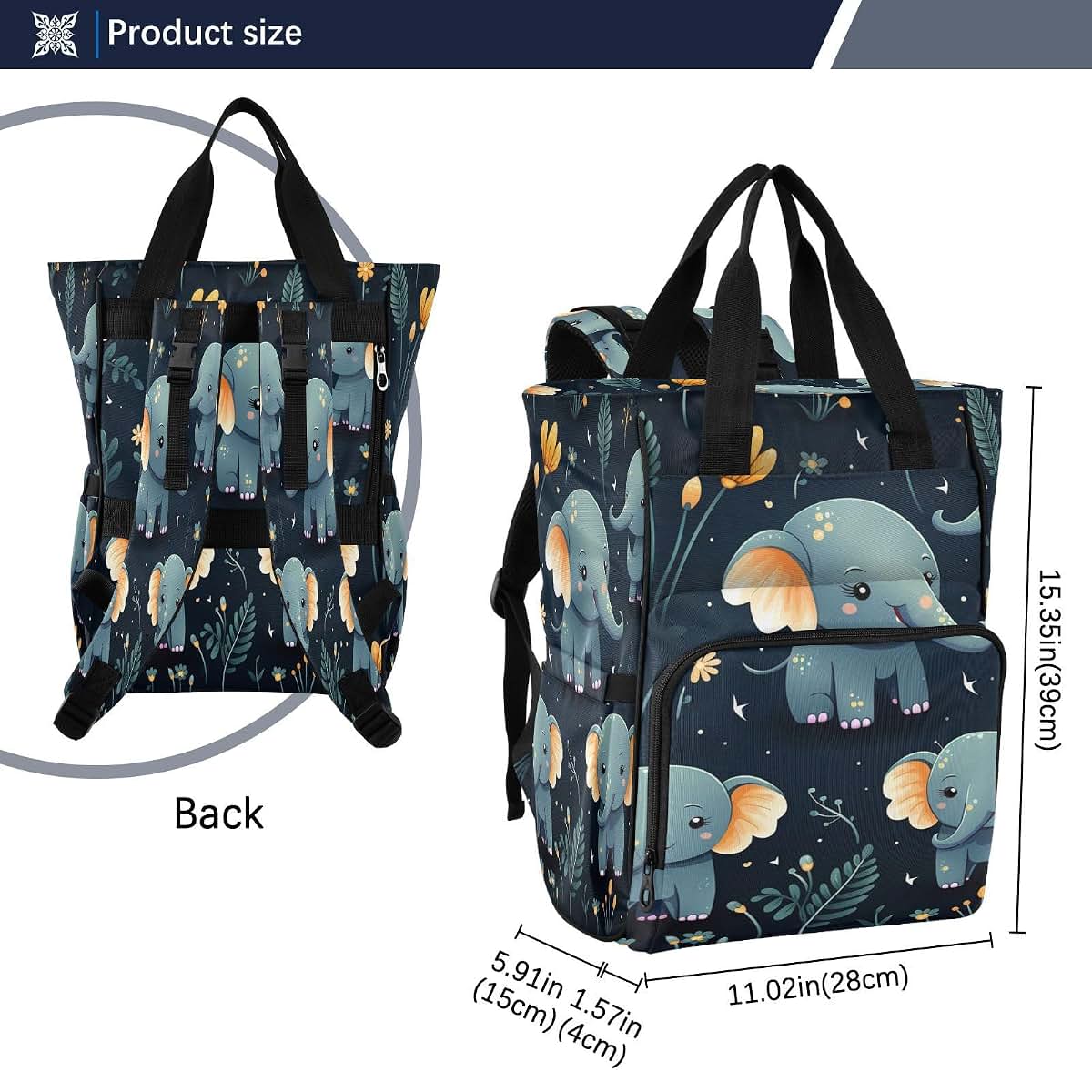 LINNIKEEEE Cartoon Cute Elephants Diaper Bag Travel Backpack Large Capacity Tote Mom Bags for Dad Women Girls (photo 3)