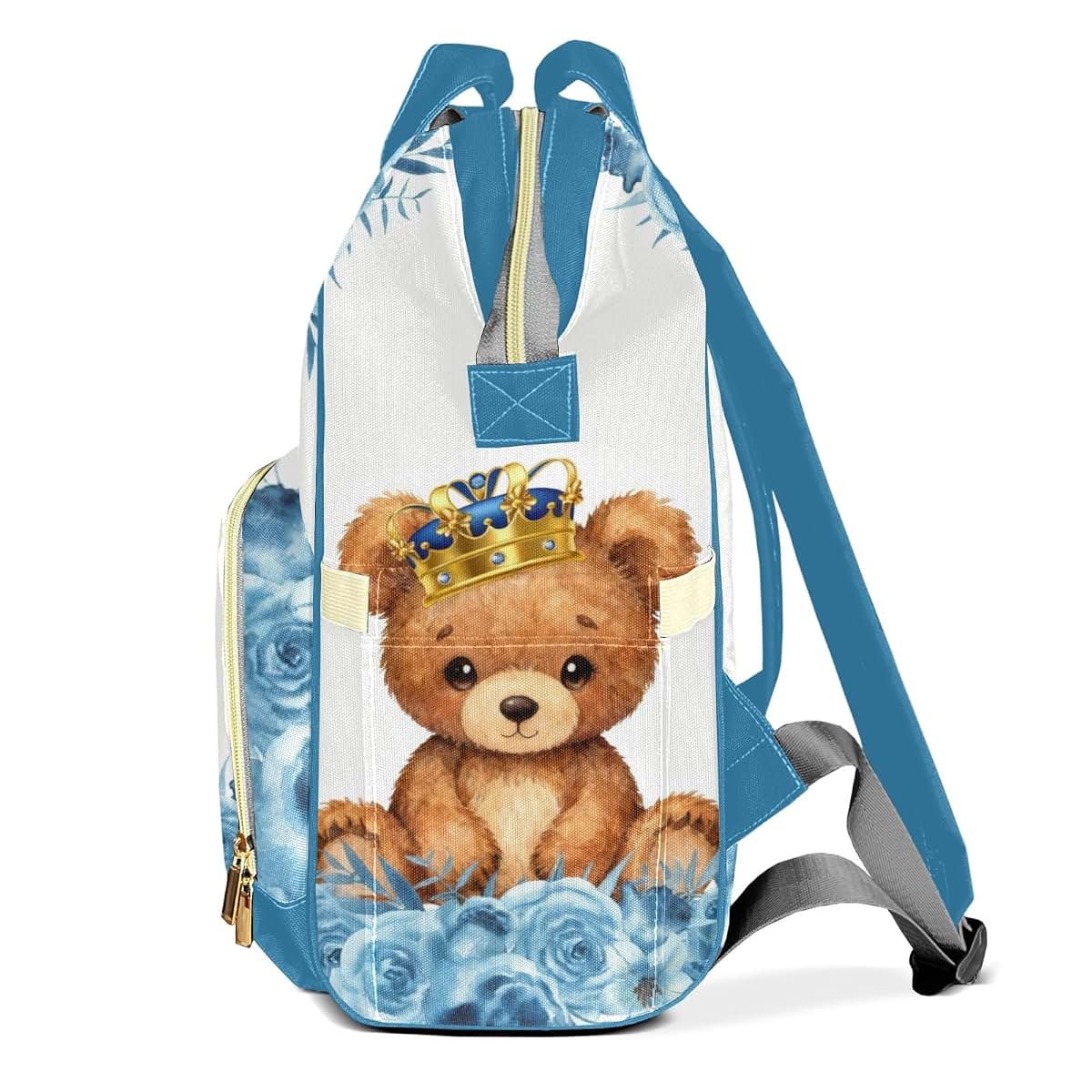 YallLocoMo Personalized Diaper Bag Backpack Name Gloden Crown Teddy Bear Waterclor Floral Multifunction Travel Backpack (photo 3)