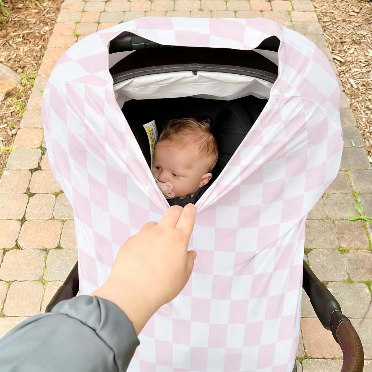 Selgkds Pink and White Checkered ﻿Baby Car Seat Covers for Boys Girls Gingham Plaid Checkerboard All-in-1 Soft Nursing (photo 4)