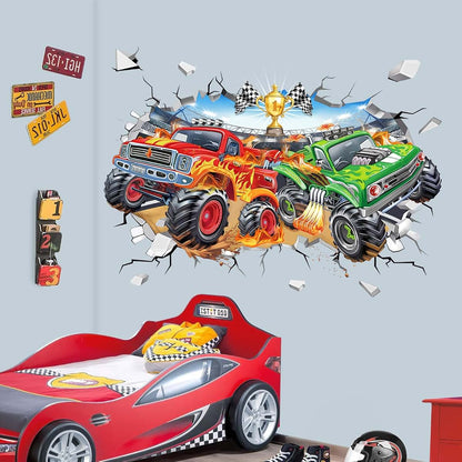 wondever 3D Racing Car Wall Decals Truck Break Through Wall Stickers