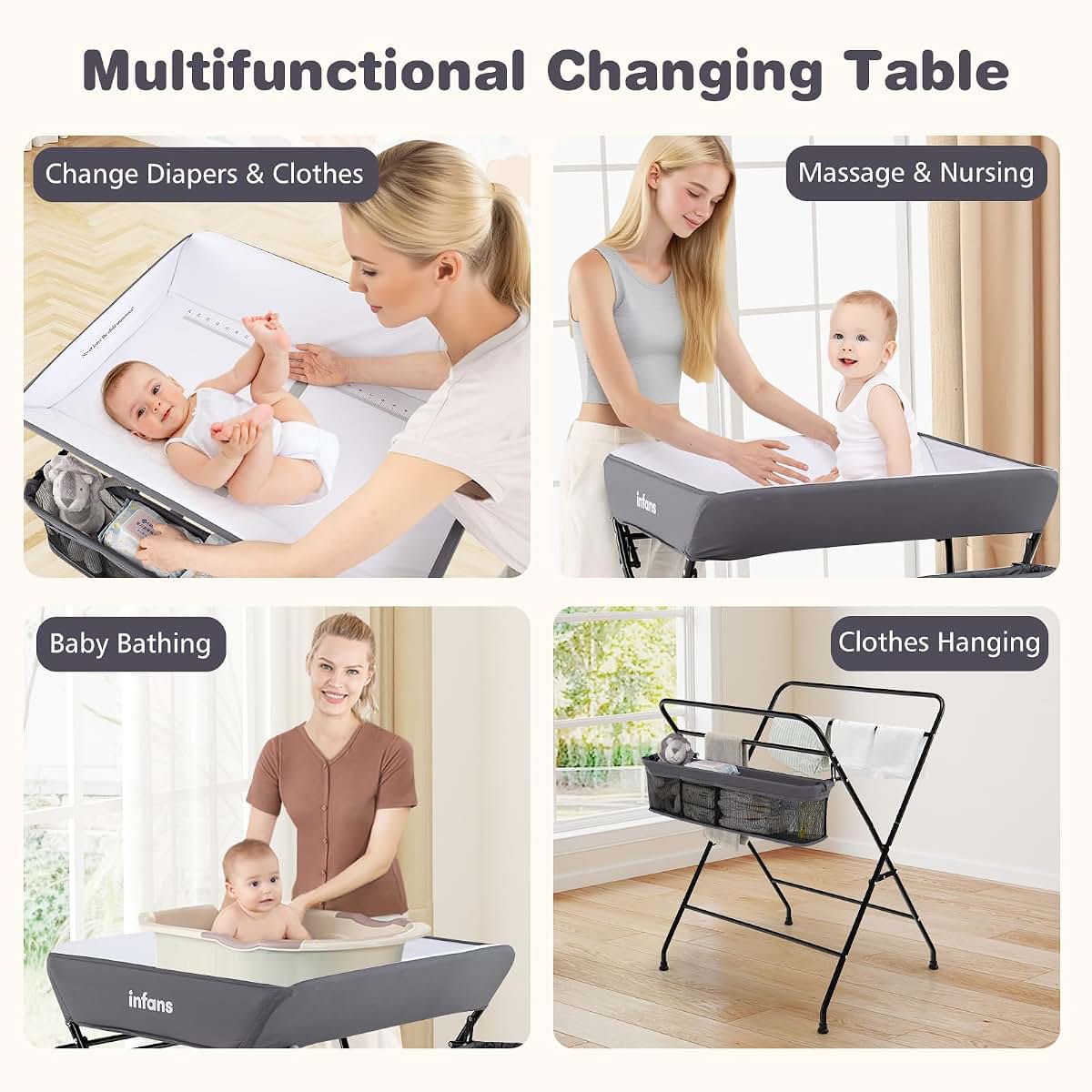 INFANS Portable Baby Changing Table with Wheels, Folding Diaper Station, Storage Basket, Adjustable Height, Gray