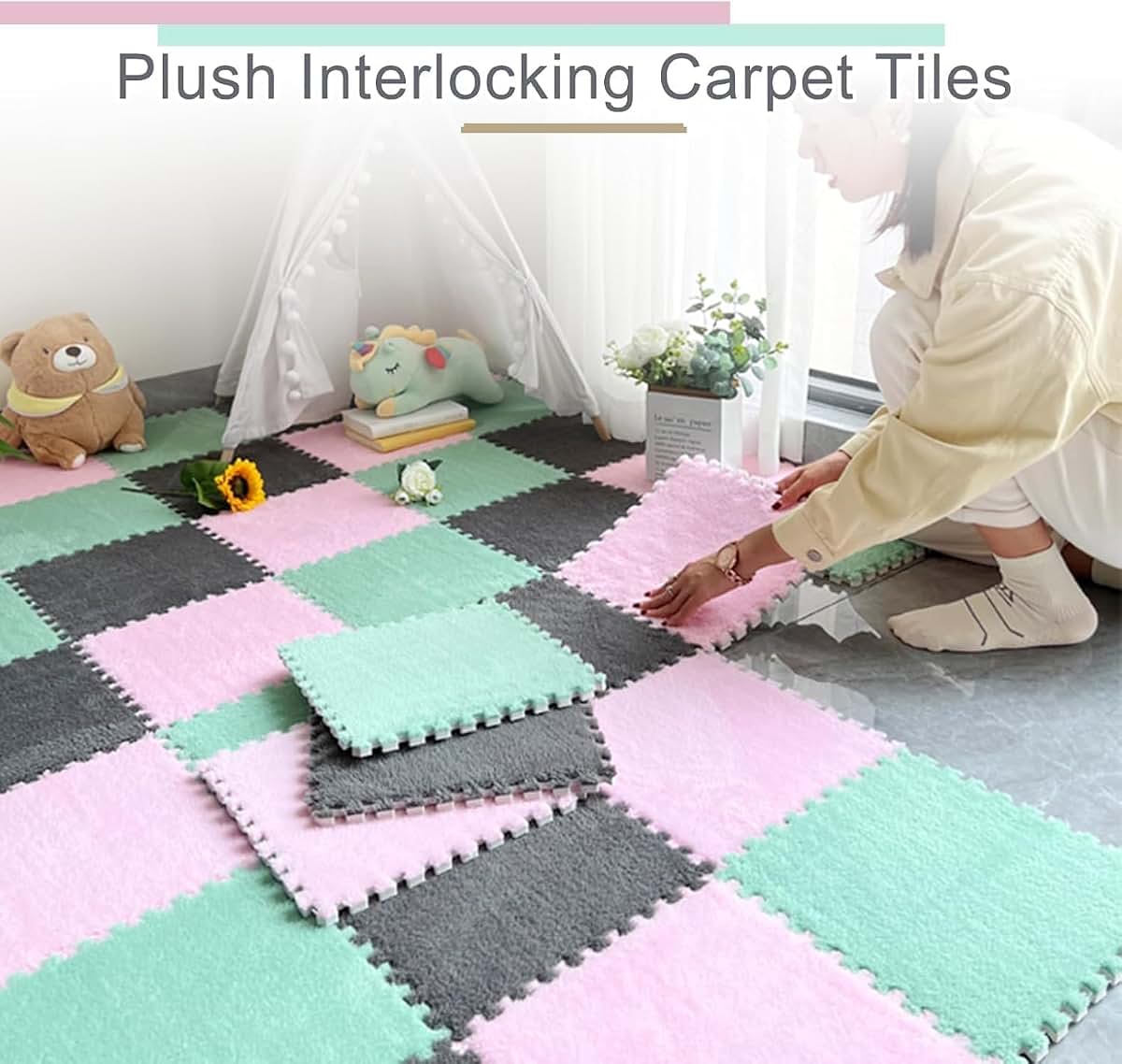 LBAawxe Square Foam Floor Mat, Plush Interlocking Carpet Square, Washable, Puzzle Rug, Non-Slip Soft Interlocking