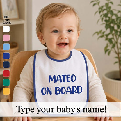 Smiling Jindo Personalized Baby Bib – White Bib (Royal Blue Trim) – Custom Text (1 to 3 Lines) – Soft Cotton Terry (photo 2)