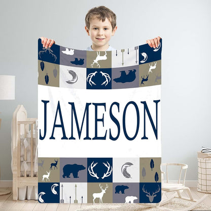 Puercha Personalized Woodland Baby Blankets for Boys with Name - Tribal Boho Patchwork Blanket - Blanket for Crib