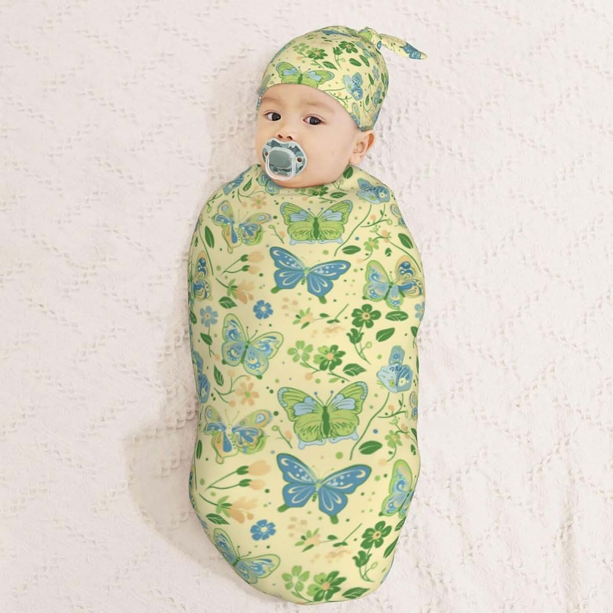 Muishi Butterflies Swaddle Blanket and Hat Set for Newborns