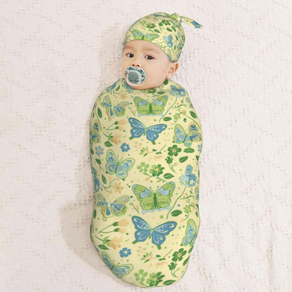 Muishi Butterflies Swaddle Blanket and Hat Set for Newborns