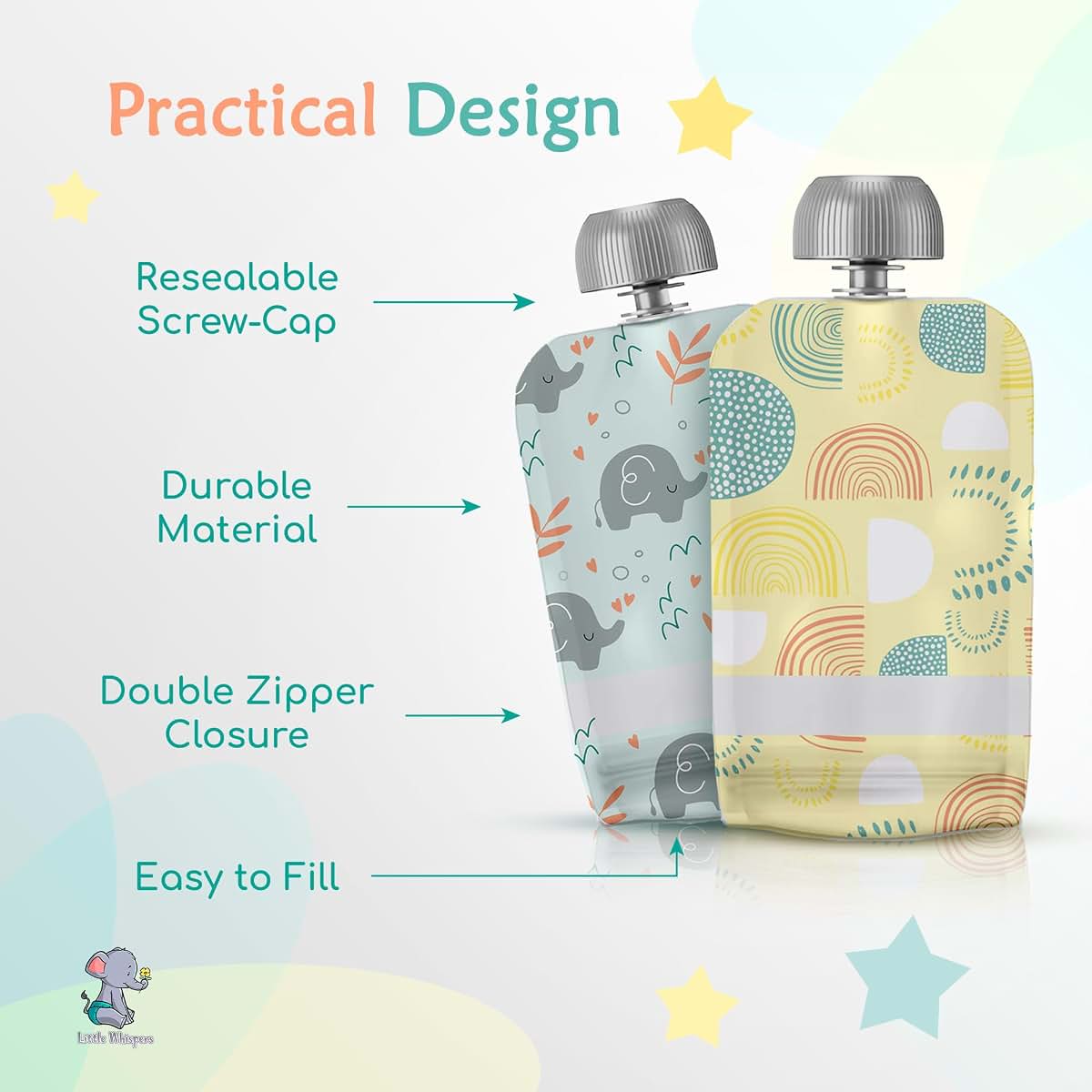 Little Whispers Reusable Baby Food Pouches - 10 Pack Refillable Squeeze Pouches
