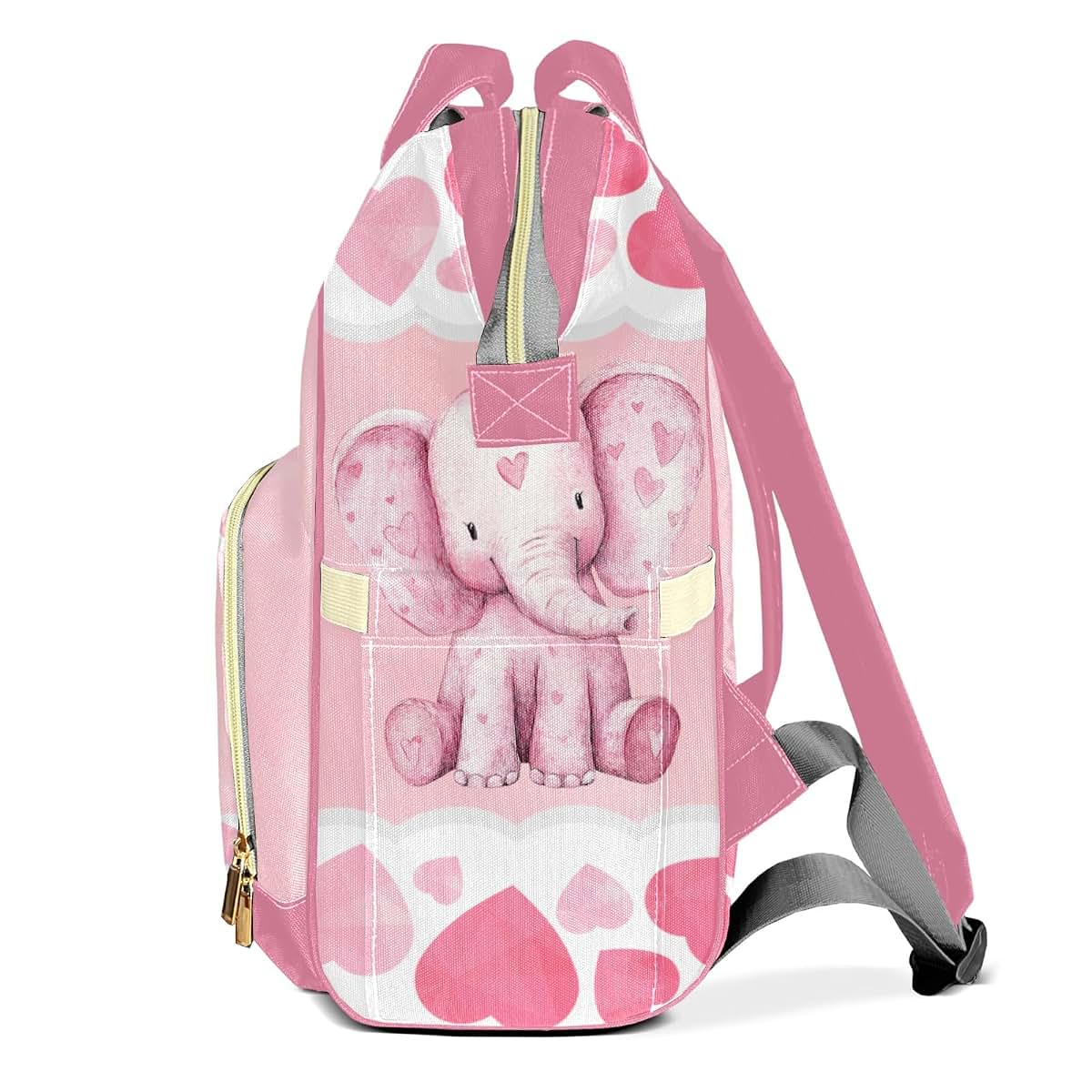 YallLocoMo Personalized Diaper Bag Backpack Name Watercolor Pink Elephant Heart Functional Waterproof Bag: Gift for (photo 3)