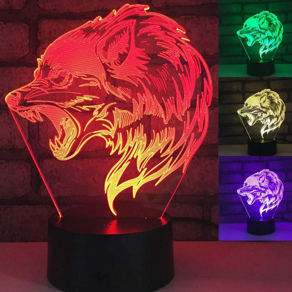 Jinnwell 3D Wolf Tiger Animal Night Light Lamp Illusion Night Light 7 Color Changing Touch Switch Table Desk Decoration