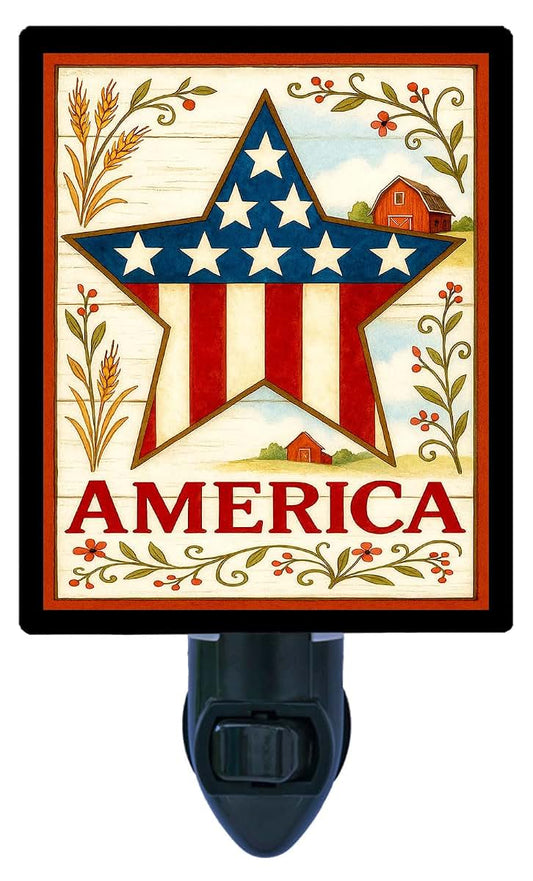 Night Light Designs America Spirit Night Light – Patriotic Americana Design, Fully Enclosed, Rotating Plug, Glass