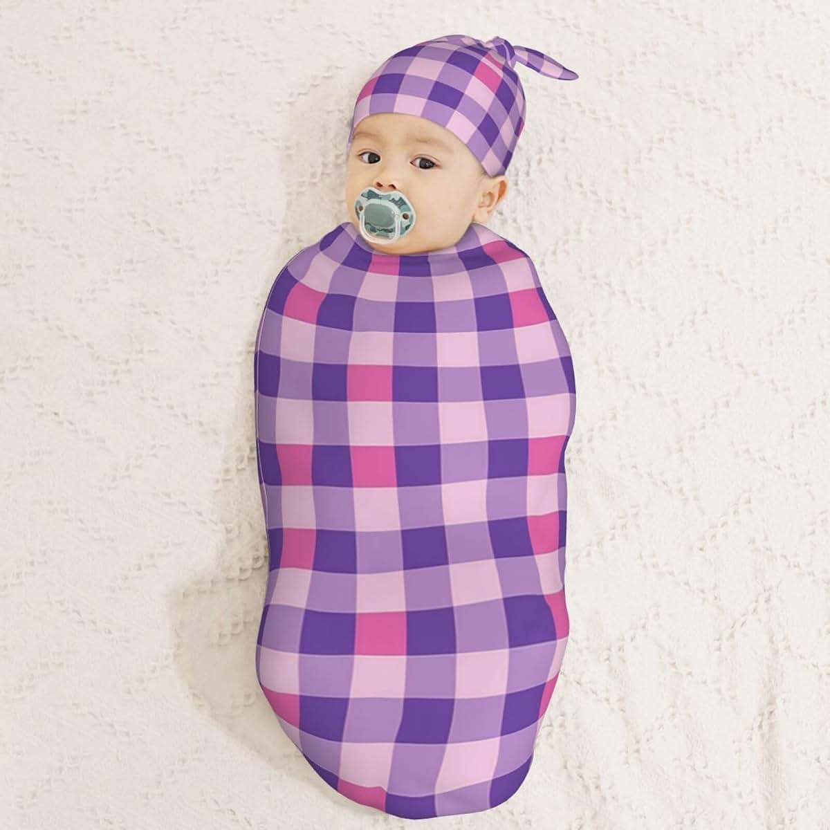 Muishi Purple Gingham Newborn Swaddle Blanket and Hat Set