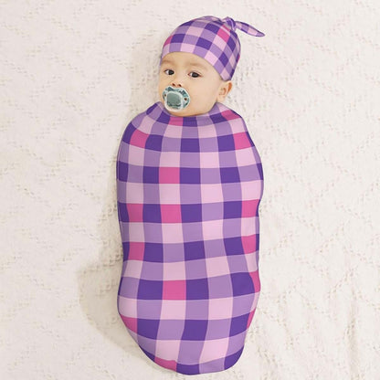 Muishi Purple Gingham Newborn Swaddle Blanket and Hat Set