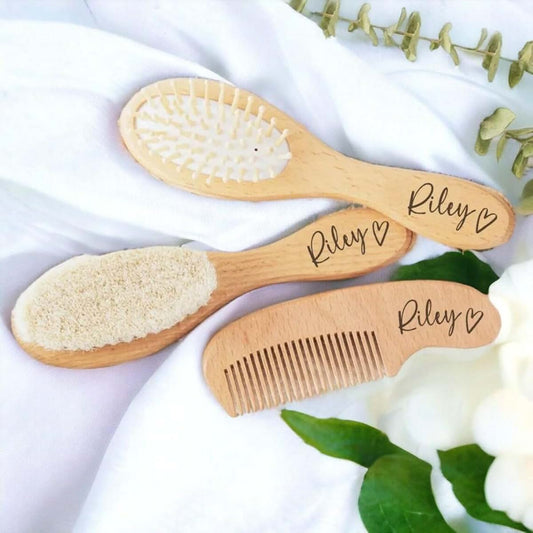 ZYMECH 3pcs Personalized Wooden Baby with Name Hair Brush and Comb Bristles Baby Hair Brush and Comb Set for Newborn