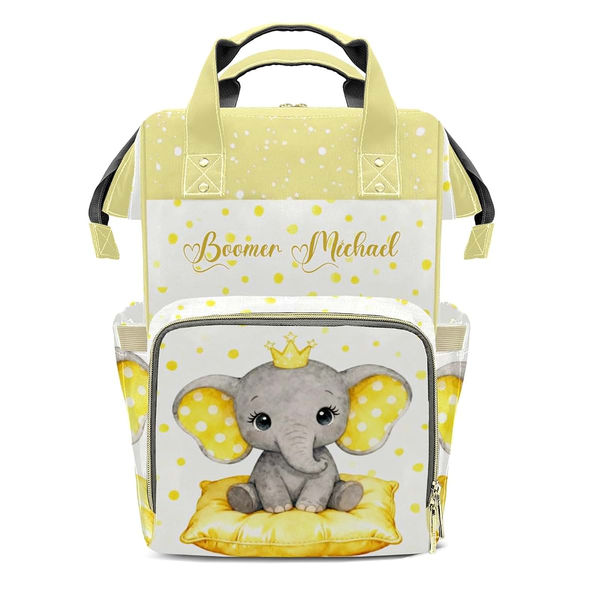 YallLocoMo Personalized Diaper Bag Backpack Gift Yellow Background with White Dot Elephan Multi-Purpose Nappy Bag: