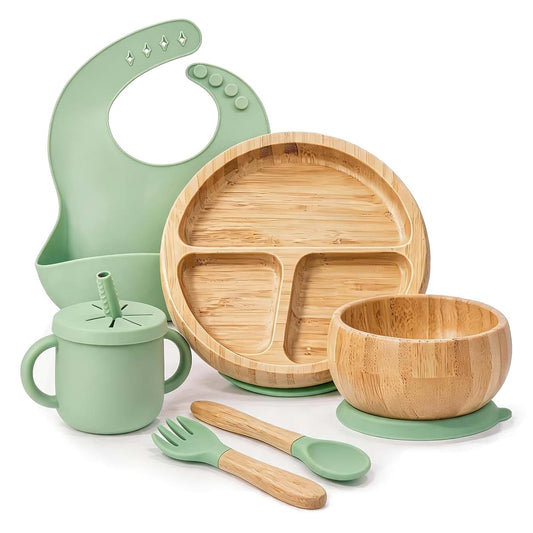 womorista Bamboo Suction Plates for Babies, Feeding Set with Bowl, Cup, Bib and Utensils