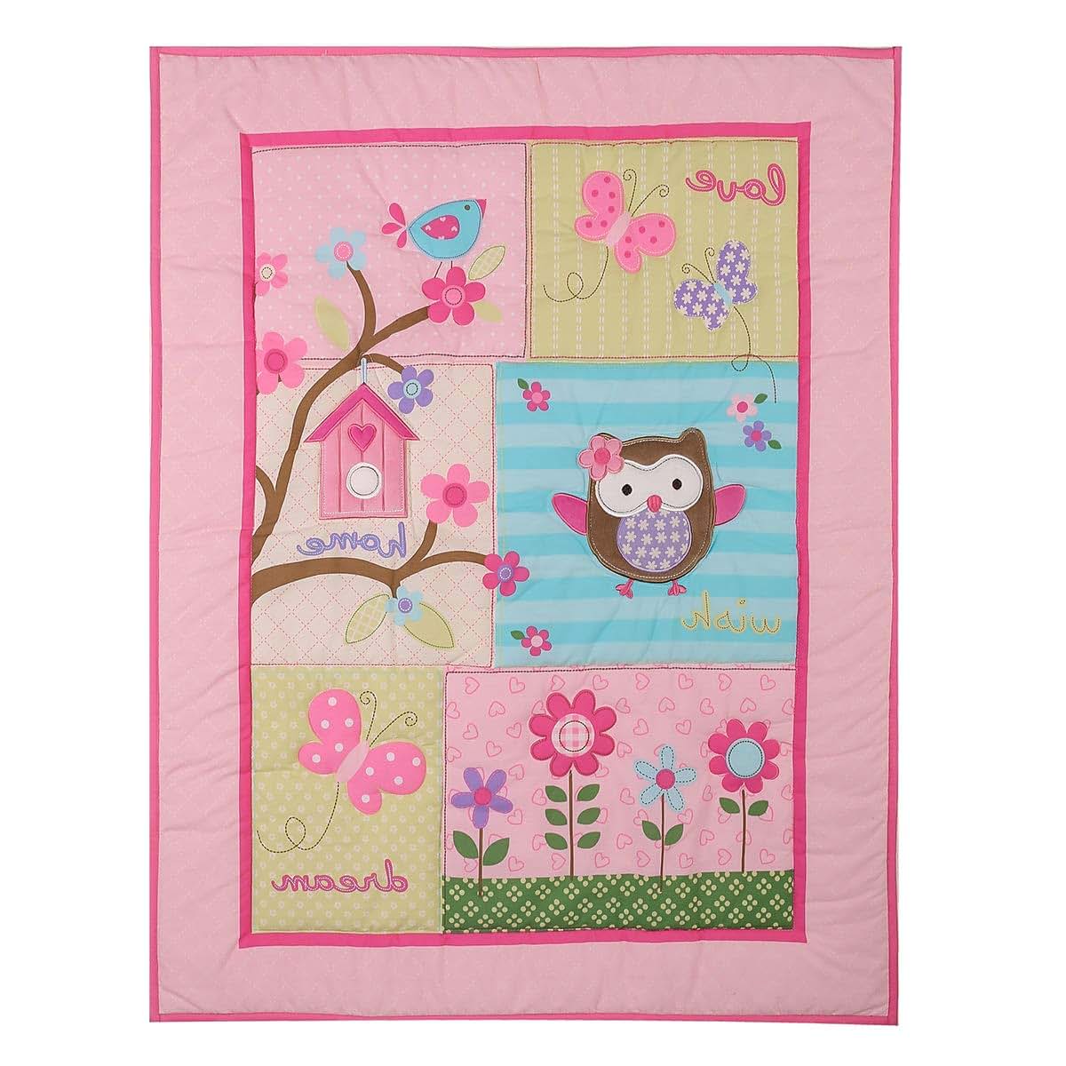 CribMATE Pink Owl Butterfly Nursery Crib Comforter