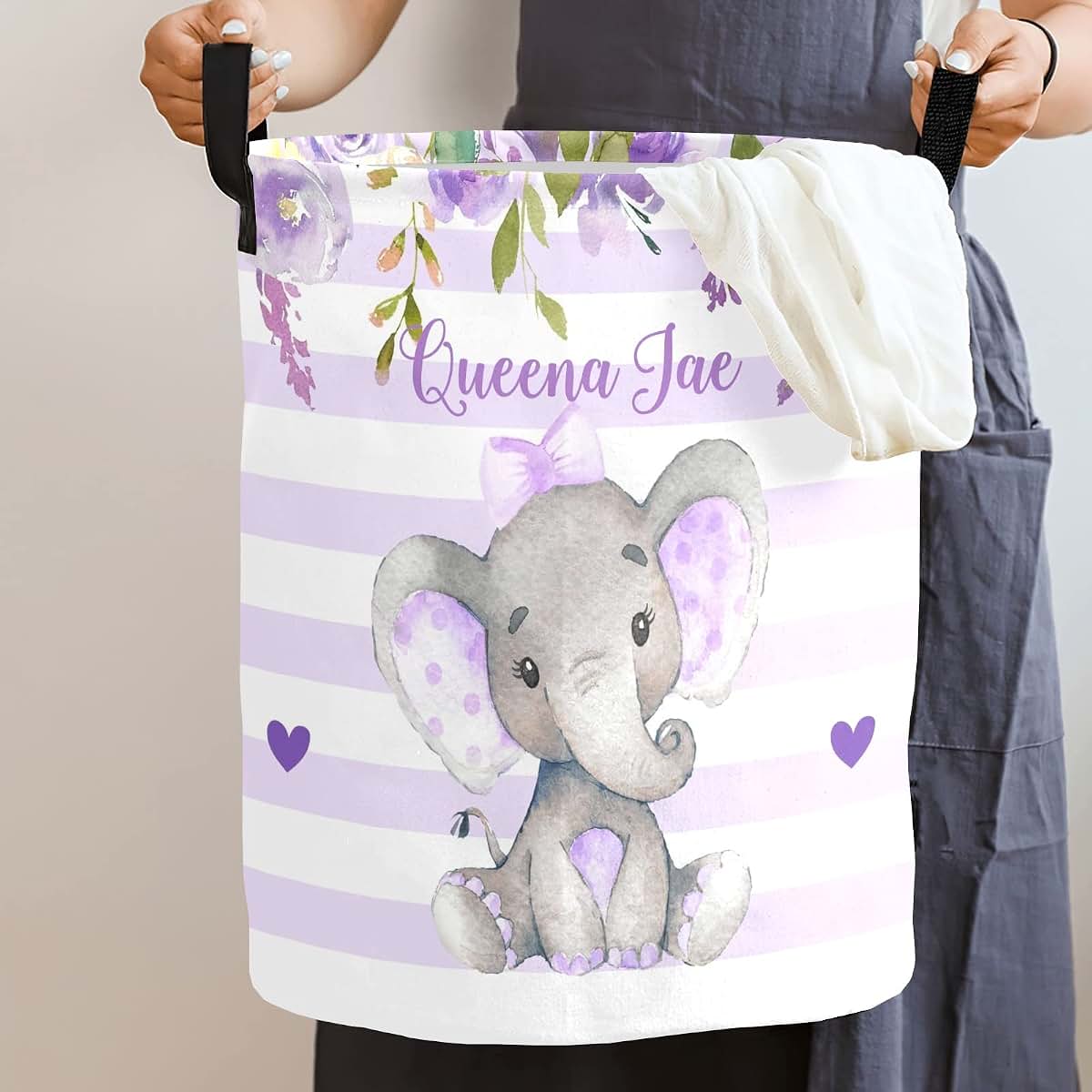 Joyestore Lavender Elephant Striped Storage Bin, Waterproof Oxford Fabric Clothes Basket Organizer for Laundry (photo 2)