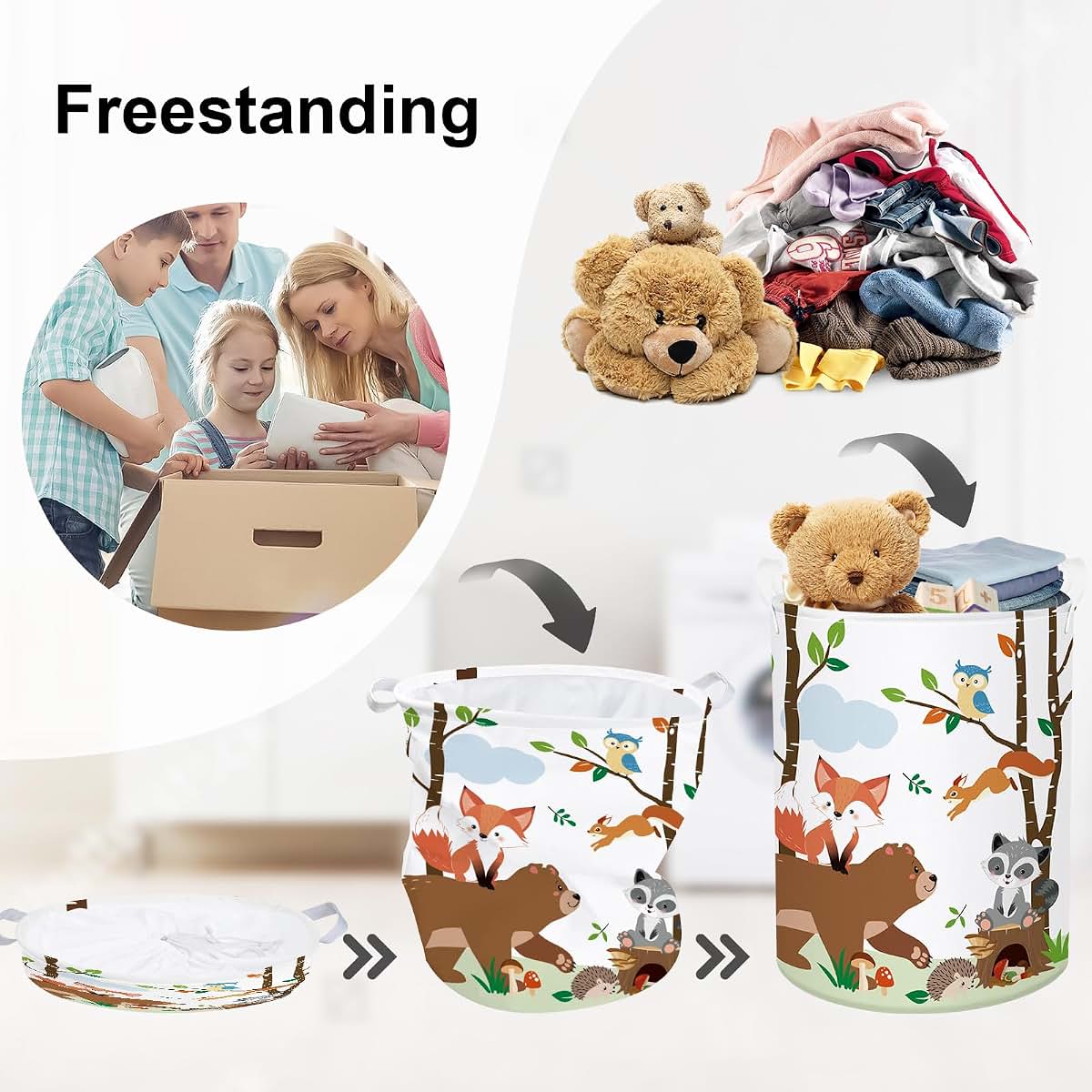 Stars of Dream Woodland Animals Baby Laundry Hamper, 63L Collapsible Basket