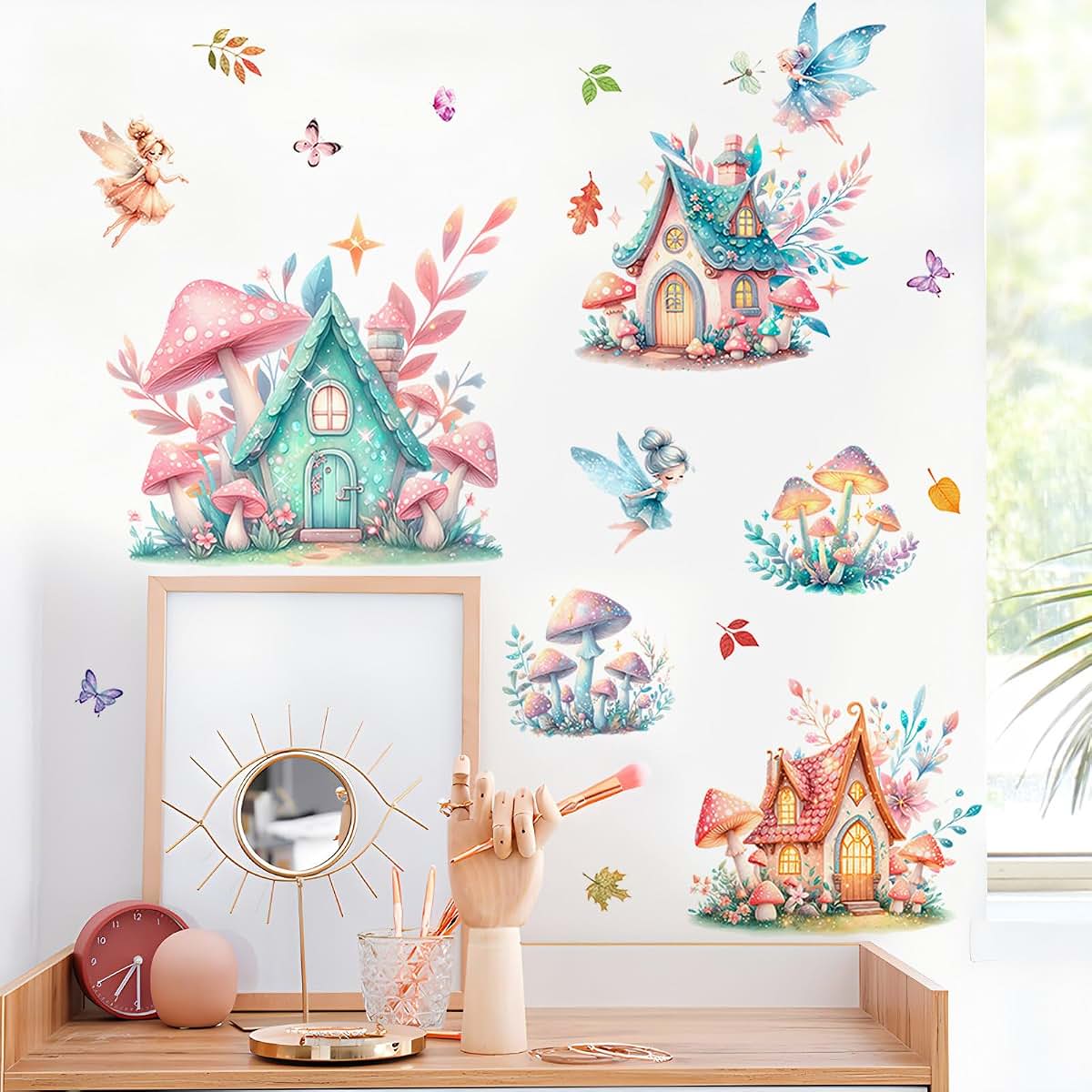 DTLIFEK Woodland Mushroom House Wall Decals, Fairy And Butterfly Peel And Stick Decor