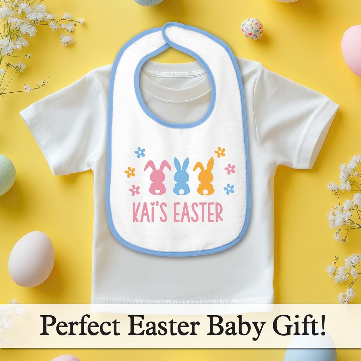 Smiling Jindo Personalized Easter Baby Bib – Pastel Bunny Trio Design with Custom Text – Soft Cotton Terry (photo 3)
