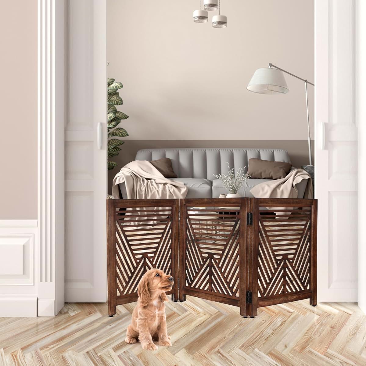 Light & Pro 3-Panel Wooden Dog Gate - Rustic Burnt Finish Freestanding Pet Barrier (photo 3)
