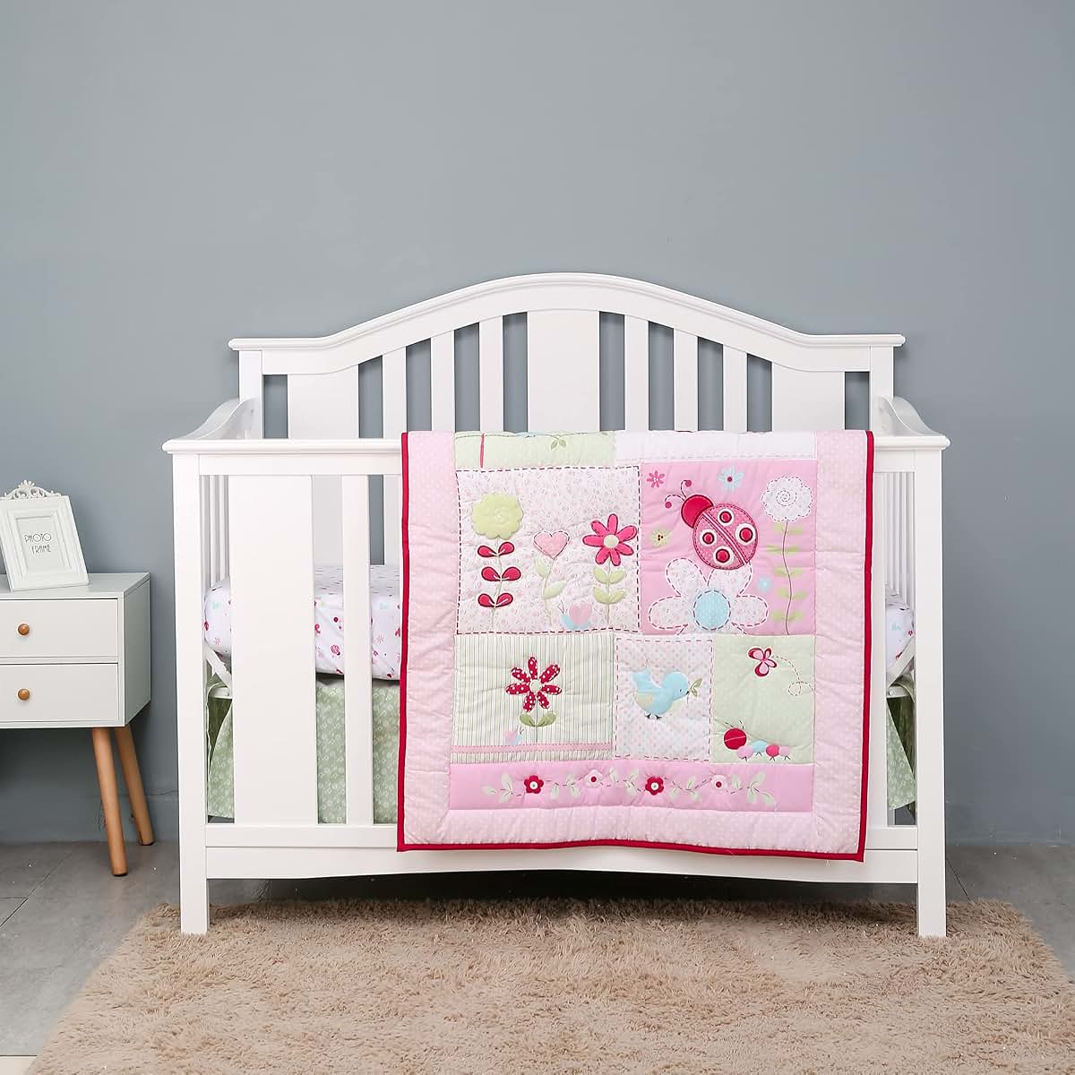 CribMATE Pink Floral Embroidery Ladybug Nursery Crib Bedding Set