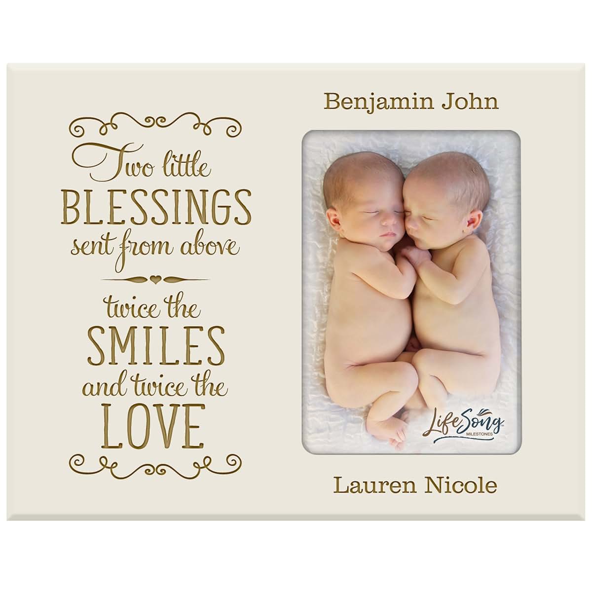 LifeSong Milestones Personalized Twins Picture Frame with Laser Engraving, Ivory