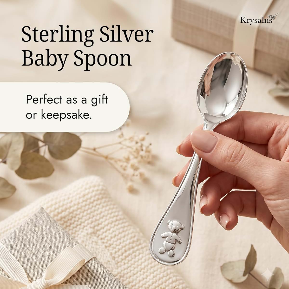 Krysaliis Teddy Bear .925 Sterling Silver Baby Feeding Spoon (photo 2)