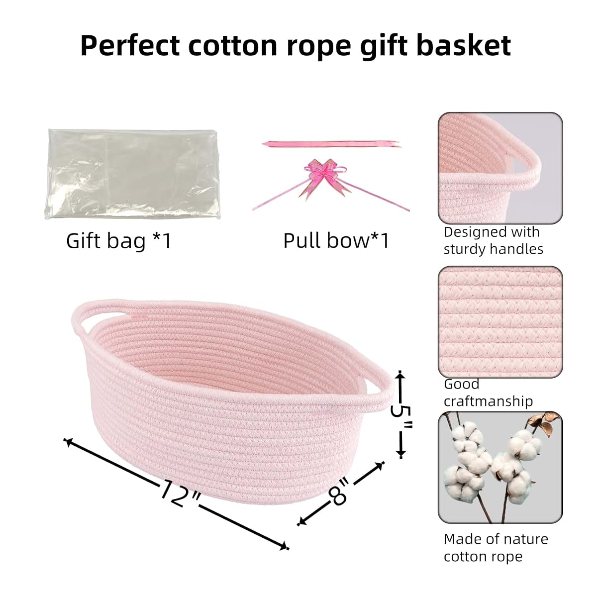 JUNBOLE Baby Gifts Basket Empty With Gifts Bag and Bow 12"x8"x5" to Fill Easter Birthday Small Woven Cotton Rope Baby (photo 2)