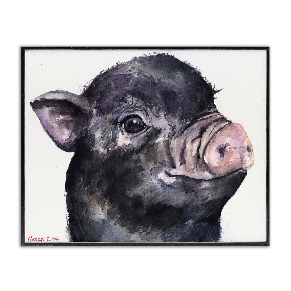Stupell Industries Cute Pig Baby Animal Watercolor Painting Framed Giclee Art Black 16x20 Inches
