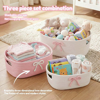 XYTZHSAI 3-Piece Pink Bow Cotton Rope Storage Baskets Set