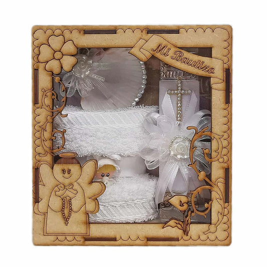 Genérico Christening Kit Box with Decorated Square Candle and Natural Shell