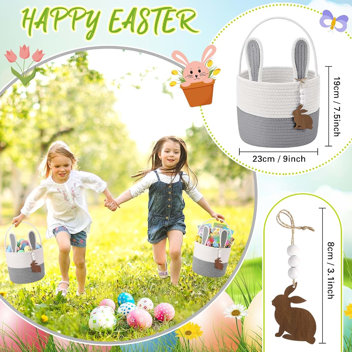 Breezehug 3 Pcs Easter Baskets for Kids, with Name Tag, Grey (photo 2)