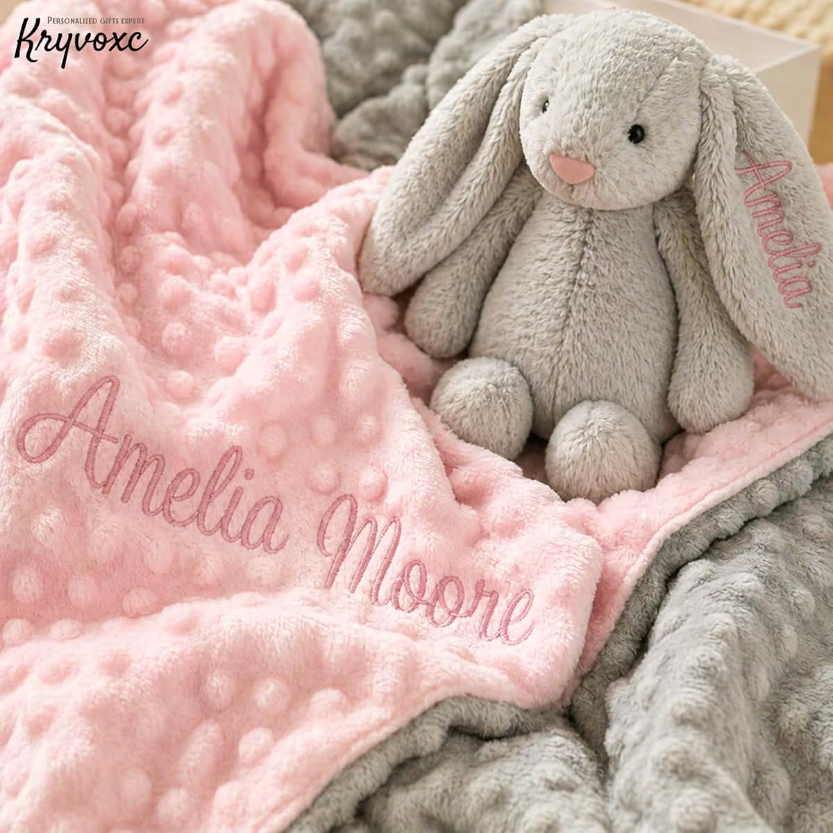 Kryvoxc Personalized Baby Blanket and Plush Bunny Set, Custom Blankets and Rabbit | Custom Name Blanket, Personalized 2 (photo 4)